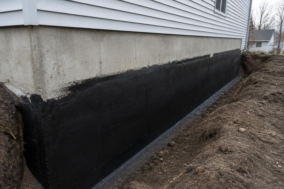 Illustrative image of waterproof coating applied to a home foundation wall